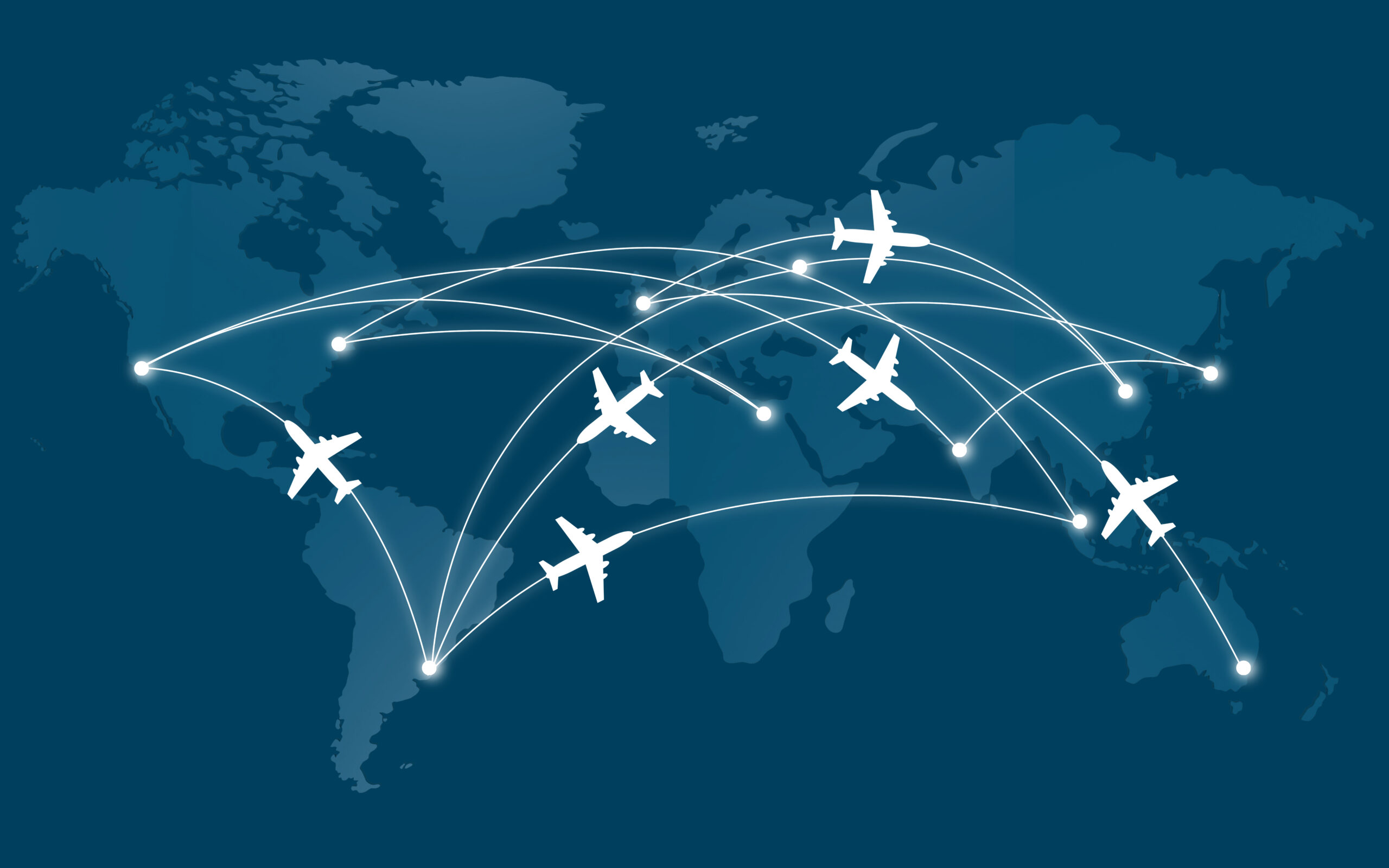 World map with airplane icons connected by flight paths, symbolizing global travel and international connections